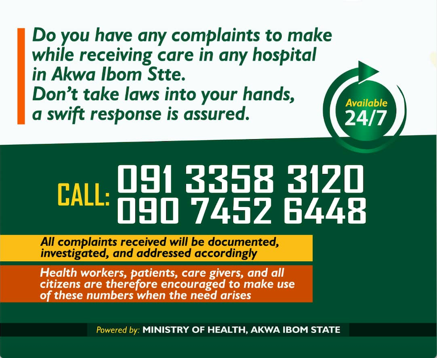 Akwa Ibom State Ministry of Health complaints contact numbers